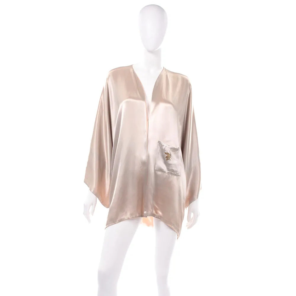 1920s Peach & Gray Silk Satin Reversible Kimono Robe w/ Spiderweb & Bee Design