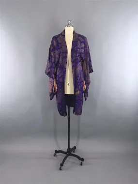 1920s Vintage Silk Haori Kimono Cardigan / Purple & Gold Shibori