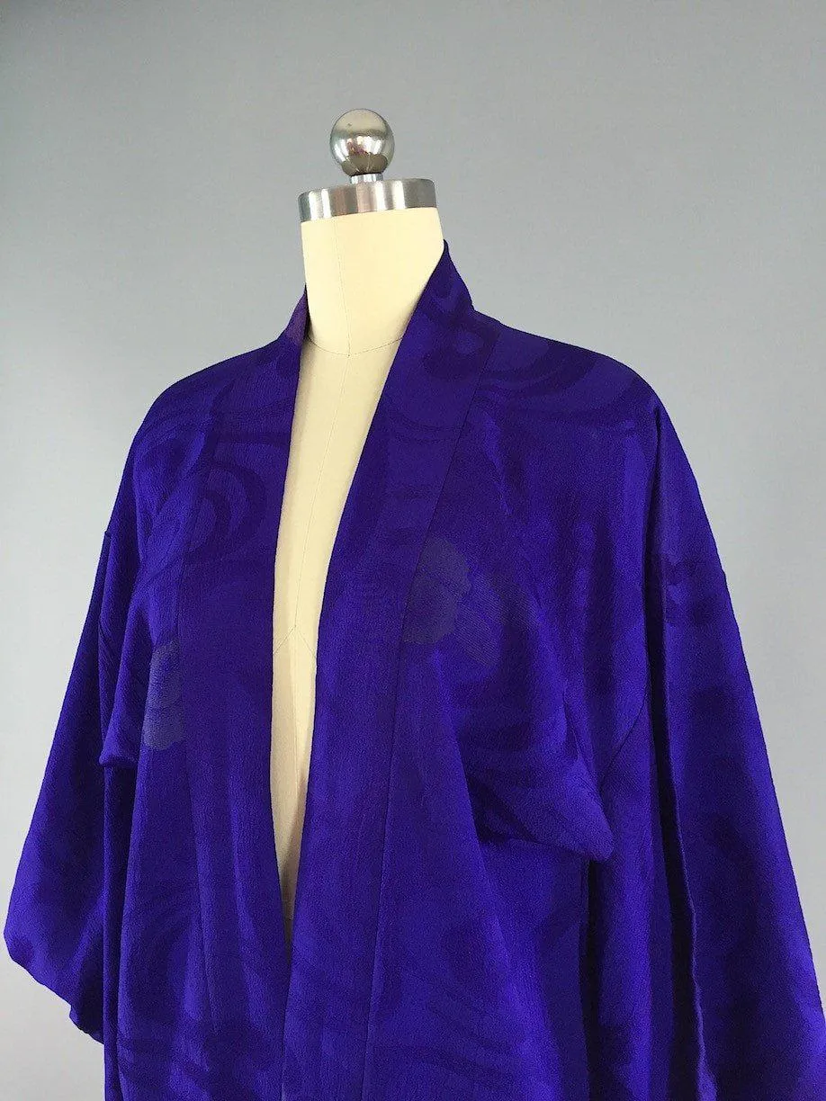 1940s Vintage Silk Haori Kimono Cardigan / Purple Embroidery