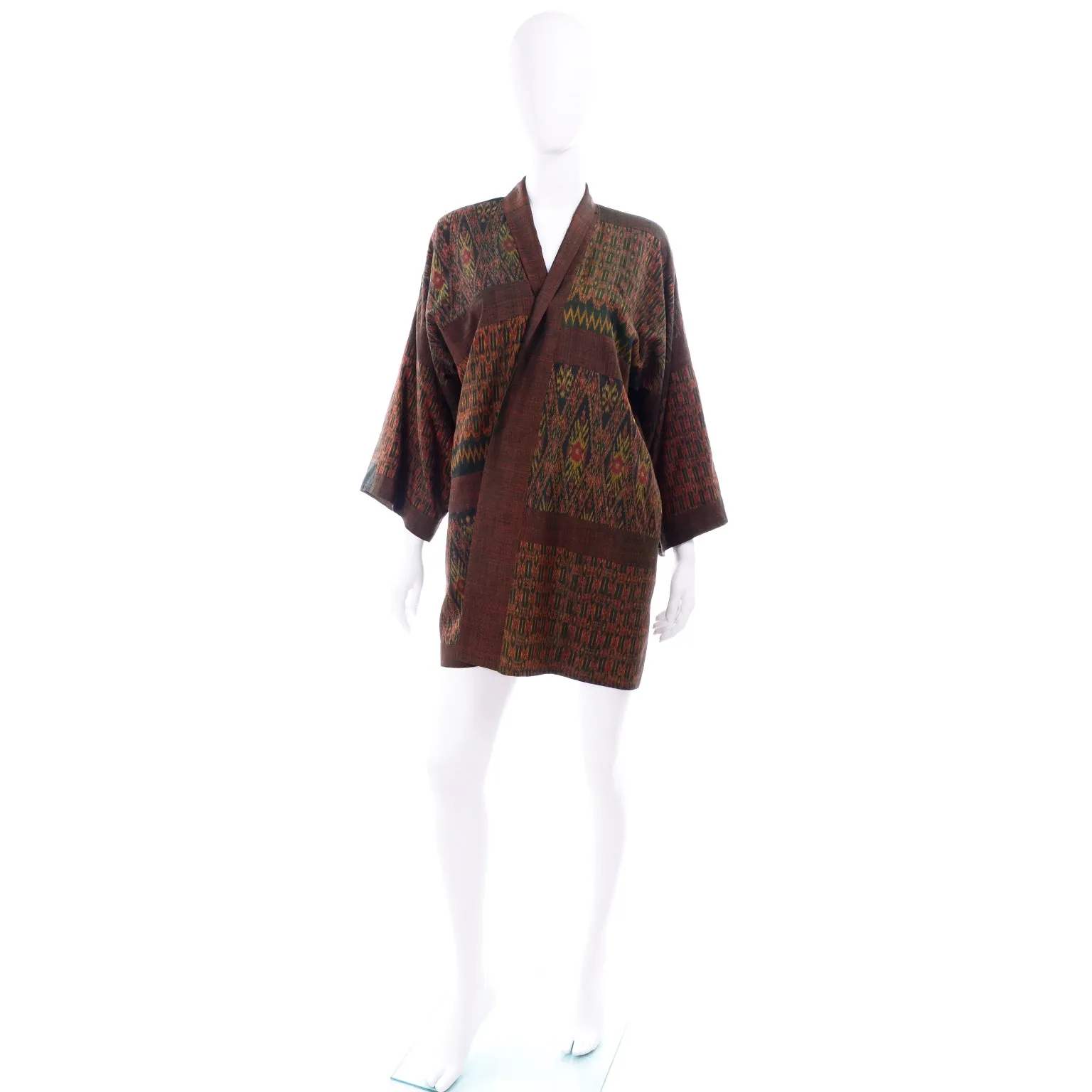 1960s Vintage Olive Green Rust Print Japanese Kimono Jacket