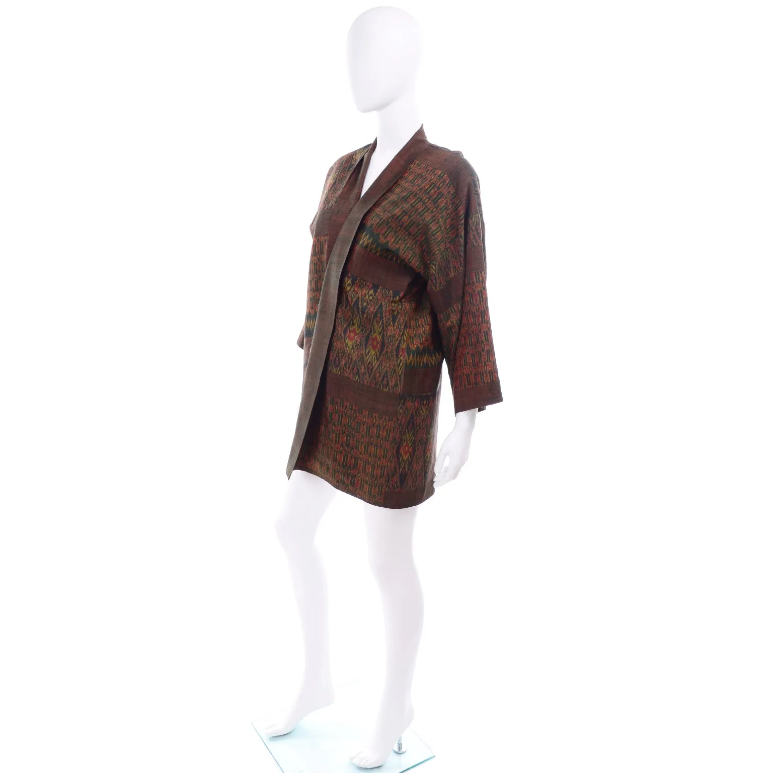 1960s Vintage Olive Green Rust Print Japanese Kimono Jacket