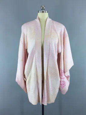 1960s Vintage Silk Haori Kimono Cardigan Jacket in Pink and Gold Grapes Shibori