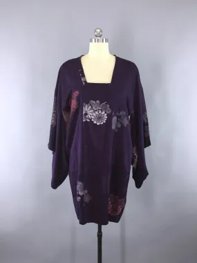 1960s Vintage Silk Michiyuki Kimono Coat Jacket with Dark Purple Urushi Embroidery