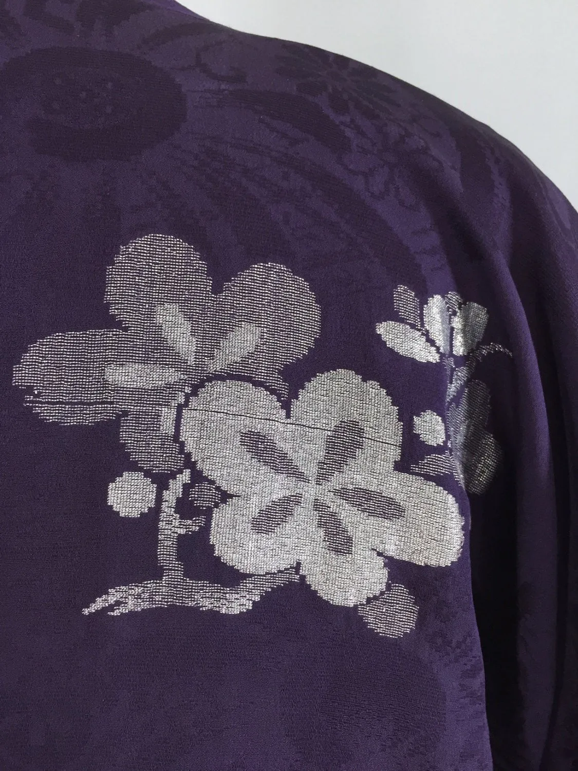 1960s Vintage Silk Michiyuki Kimono Coat Jacket with Dark Purple Urushi Embroidery