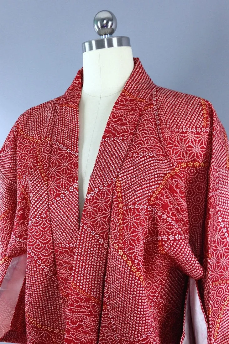 1980s Vintage Haori Kimono Cardigan / Maroon Shibori