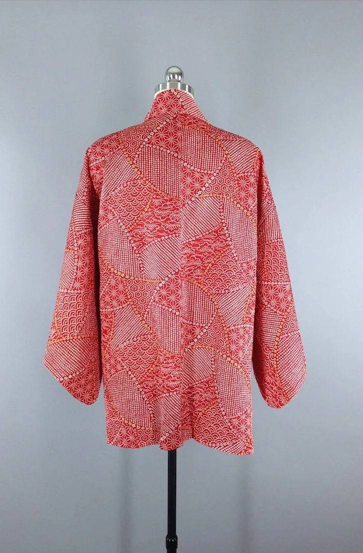 1980s Vintage Haori Kimono Cardigan / Maroon Shibori