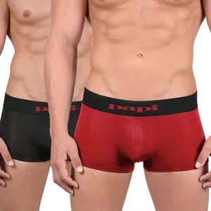 [2 Pack] Papi Cool Solid Brazilian Trunk Microfiber Boxer Brief Underwear Black Red 626161 Size M