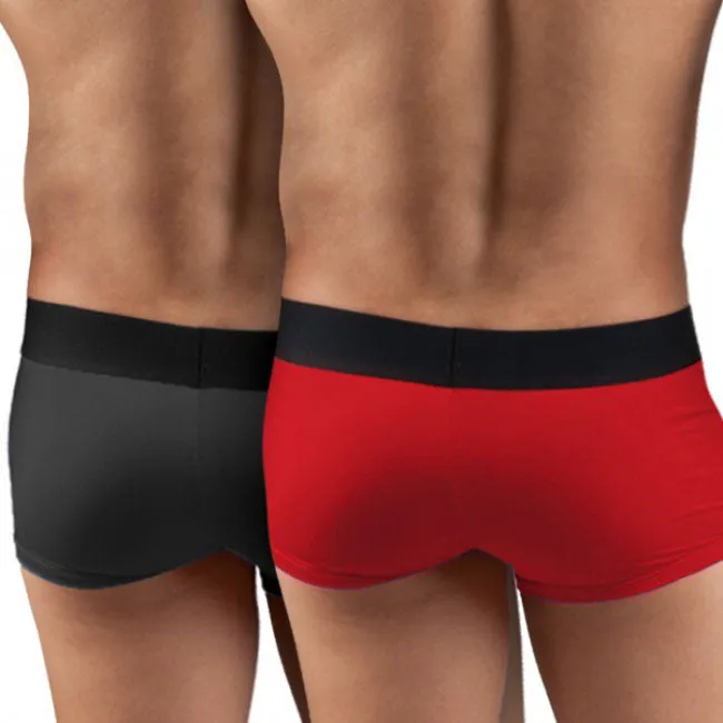 [2 Pack] Papi Cool Solid Brazilian Trunk Microfiber Boxer Brief Underwear Black Red 626161 Size M