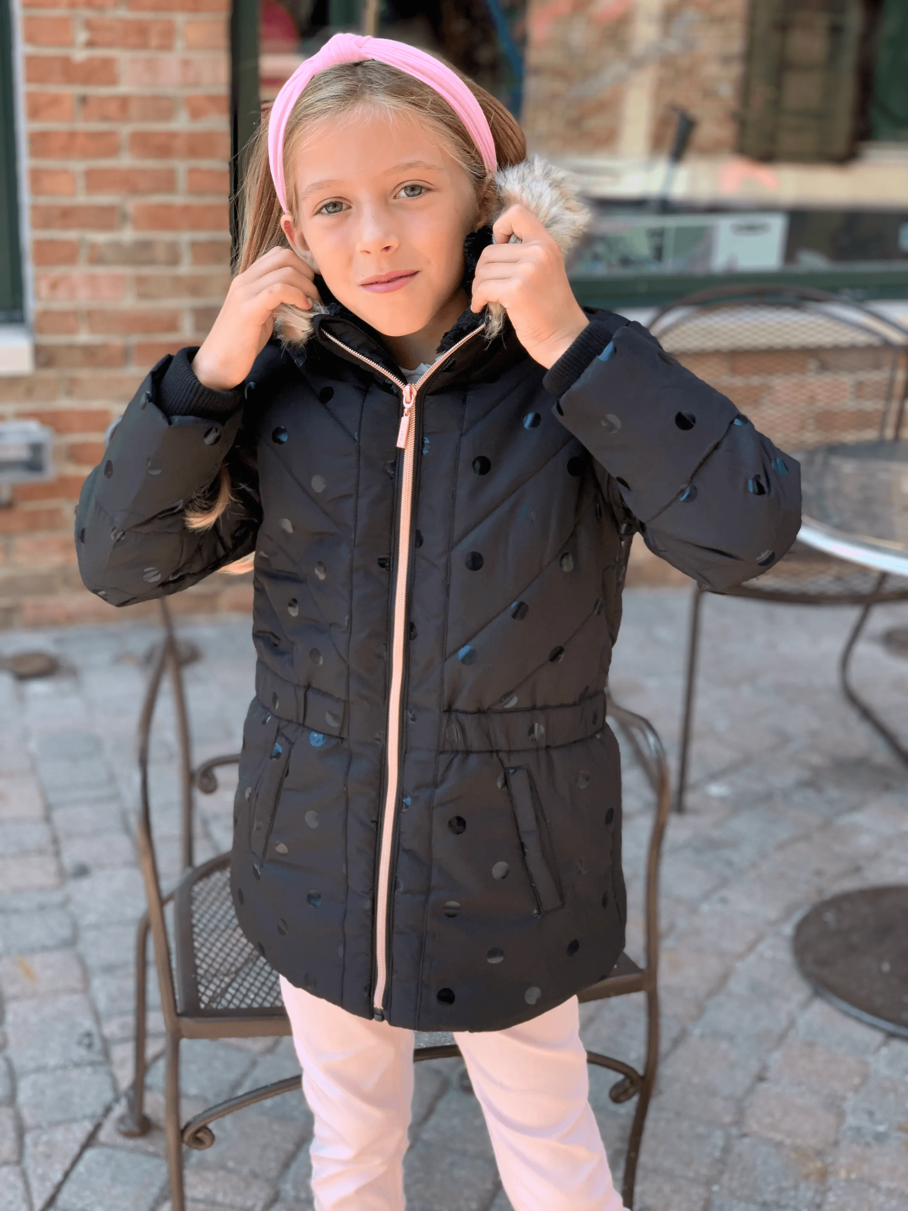 3Pommes Girls Black Dot Coat W/ Faux Fur Trim Collar