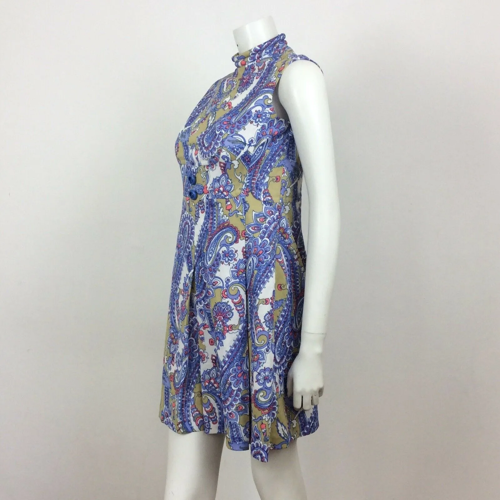 60S VINTAGE PURPLE CREAM MUSTARD PINK PAISLEY PATTERN MINI DRESS 8 10