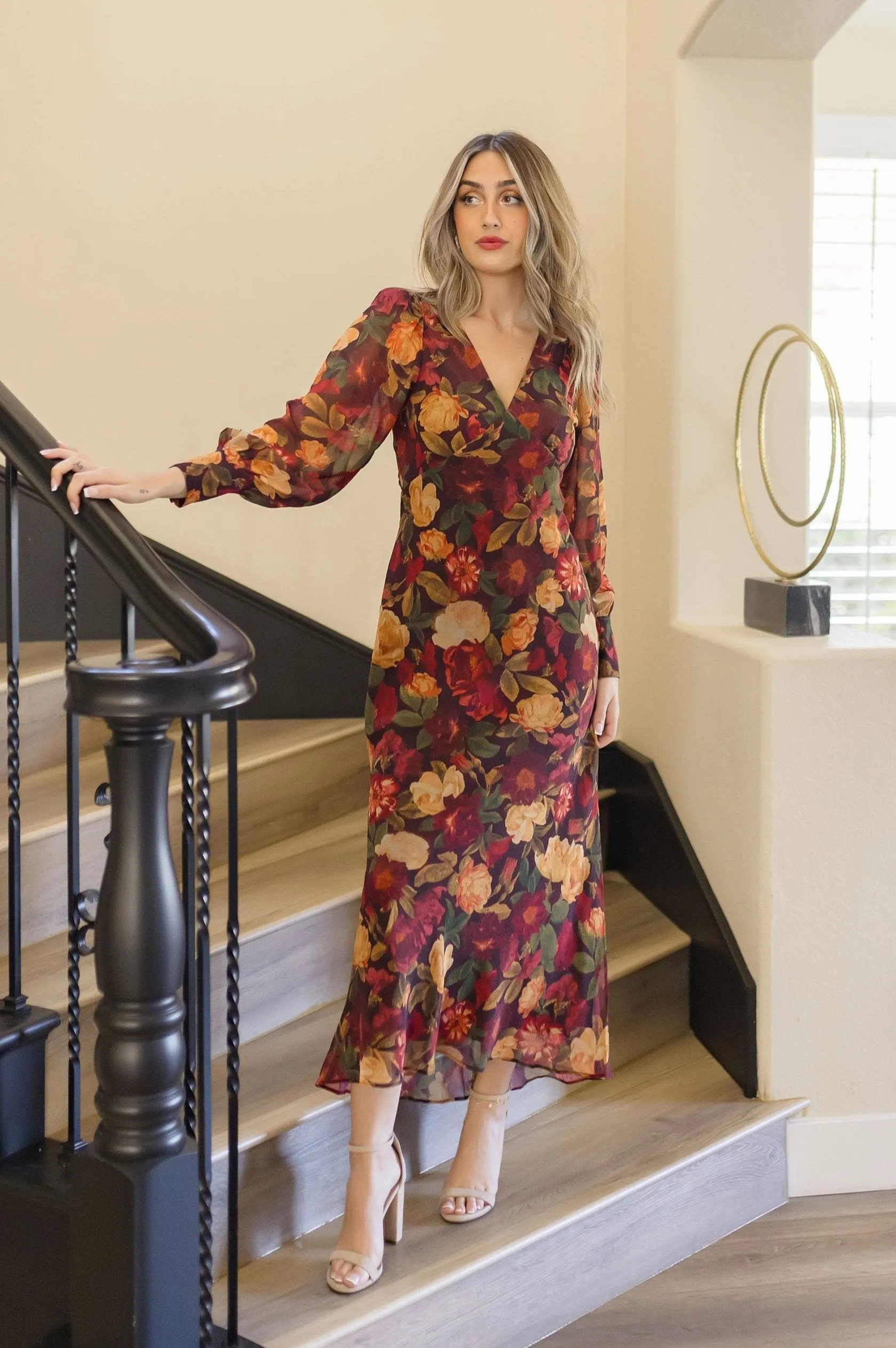 Angela Long Sleeve Floral Print Maxi Dress Rust