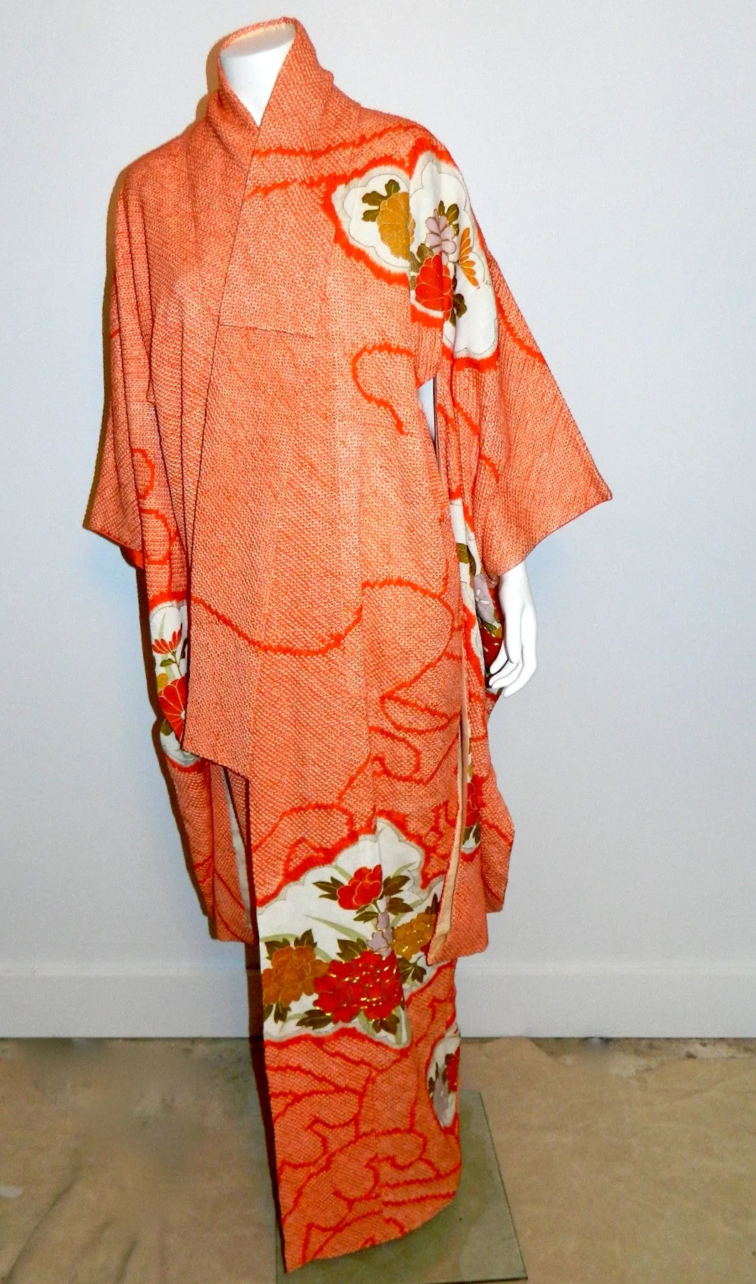 antique Japanese orange Shibori silk kimono / gold floral embroidery / formal full length jacket