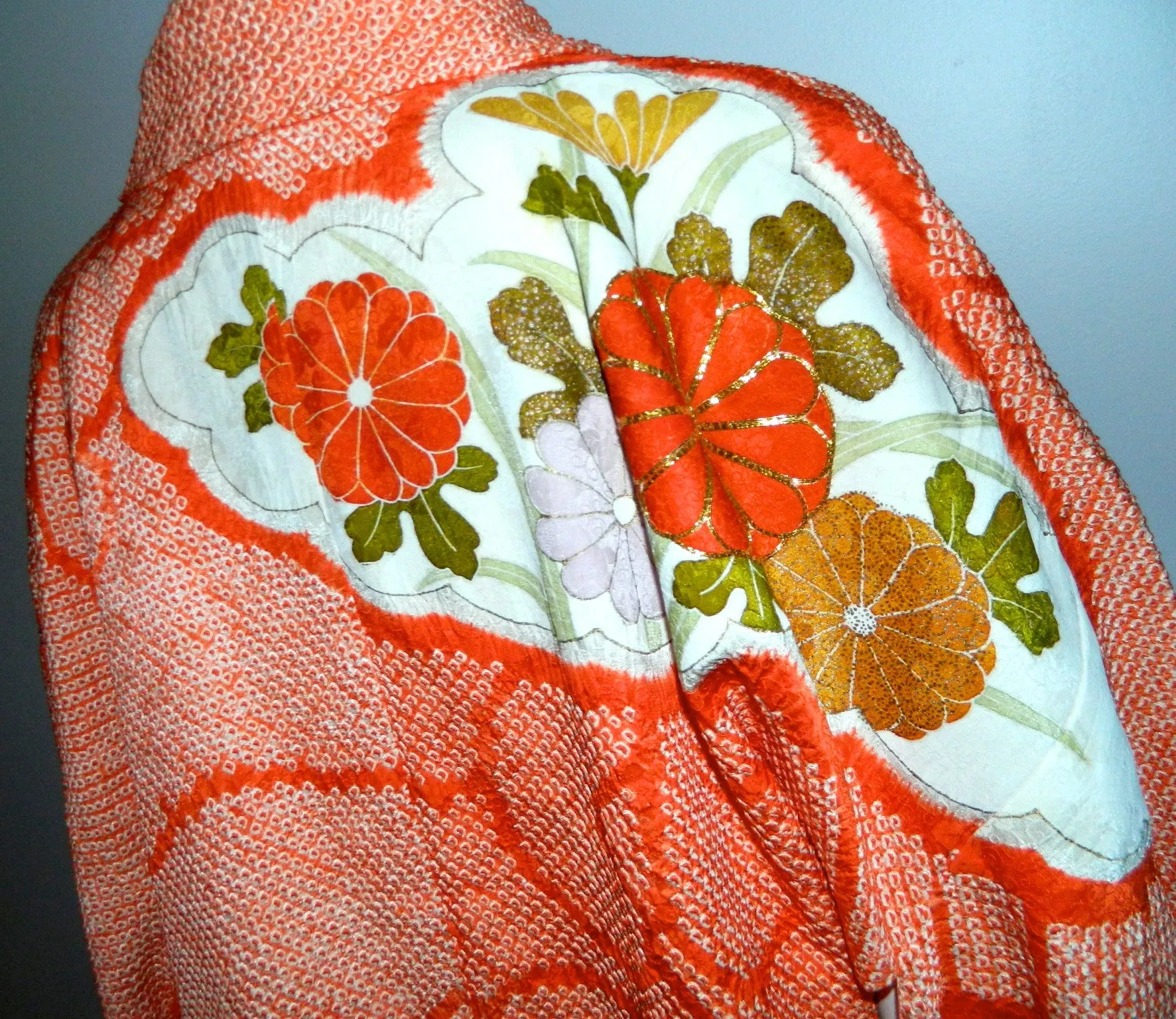 antique Japanese orange Shibori silk kimono / gold floral embroidery / formal full length jacket