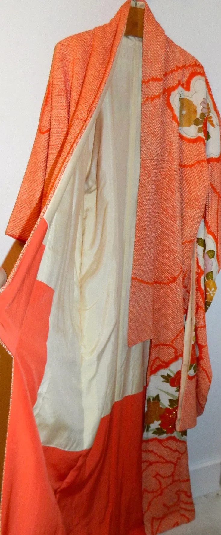 antique Japanese orange Shibori silk kimono / gold floral embroidery / formal full length jacket