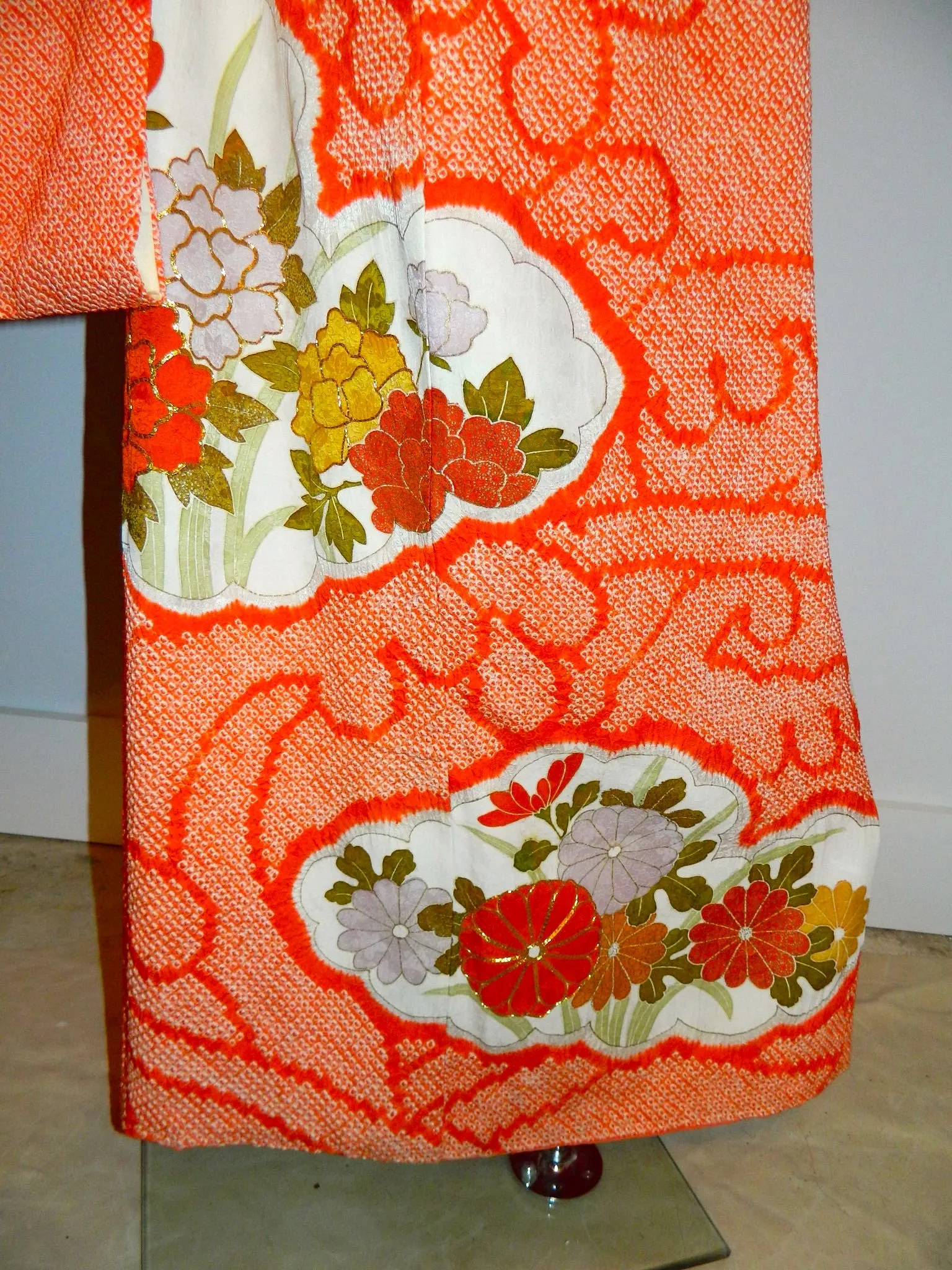 antique Japanese orange Shibori silk kimono / gold floral embroidery / formal full length jacket