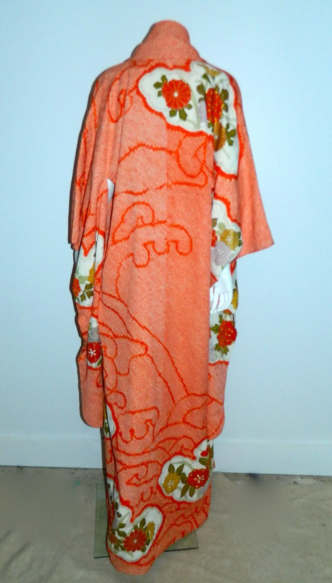 antique Japanese orange Shibori silk kimono / gold floral embroidery / formal full length jacket