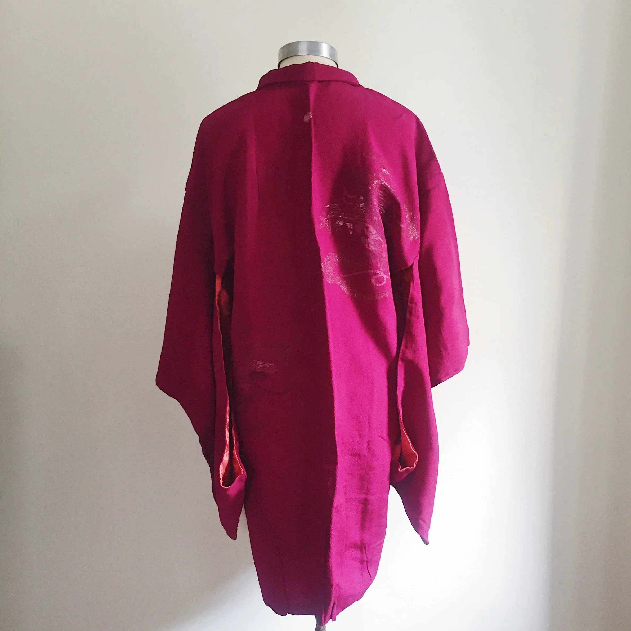 Antique Kimono Haori Jacket - Metallic Lacquered Flowers/ Deep Magenta