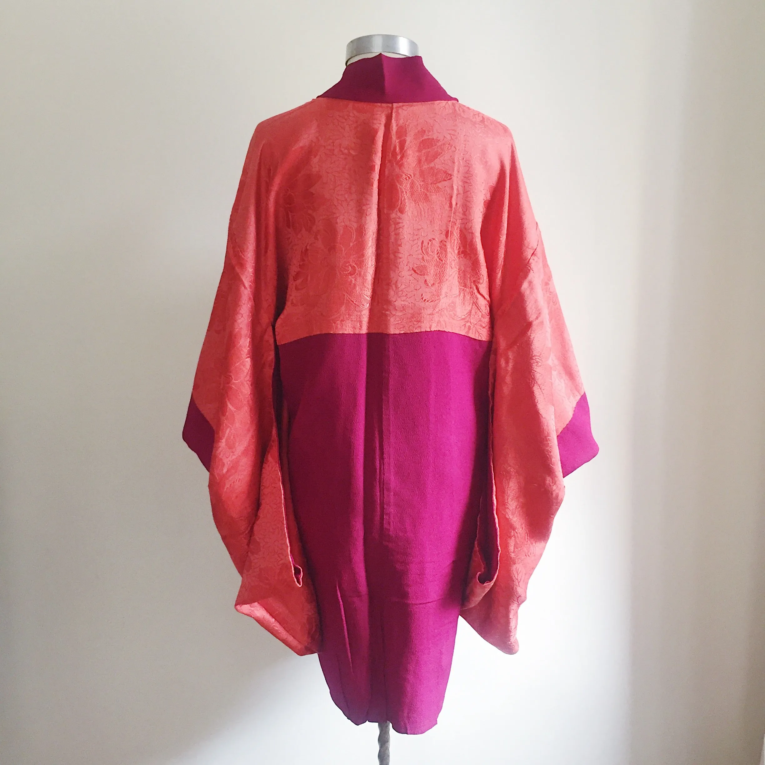 Antique Kimono Haori Jacket - Metallic Lacquered Flowers/ Deep Magenta