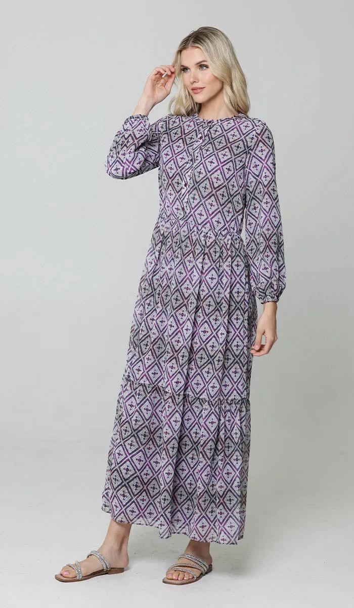 Armine Modest Long Tiered Print Maxi Dress - Purple - Final Sale