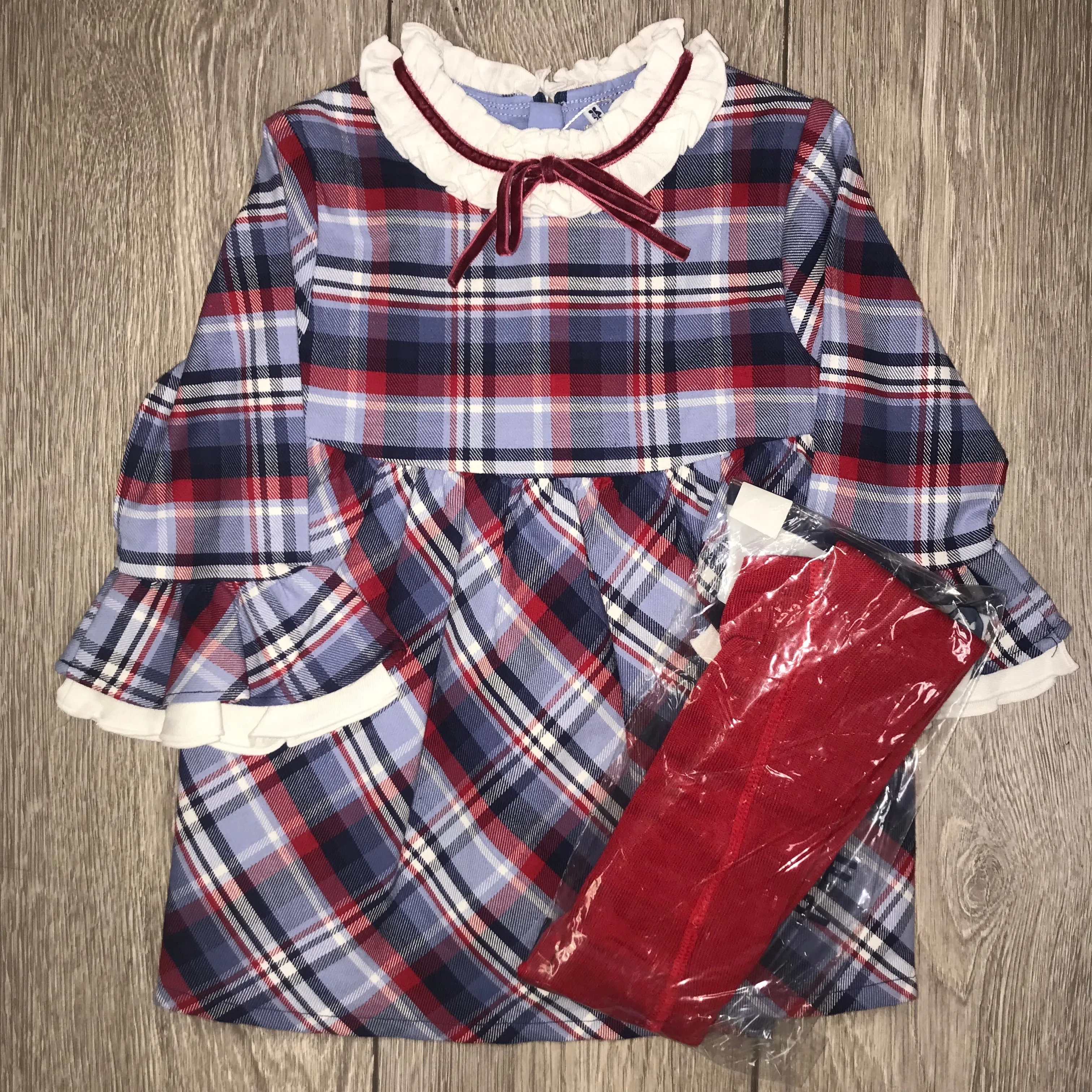 AW19 Tutto Piccolo Girls Navy & Red Check Dress & Tights Set 7241