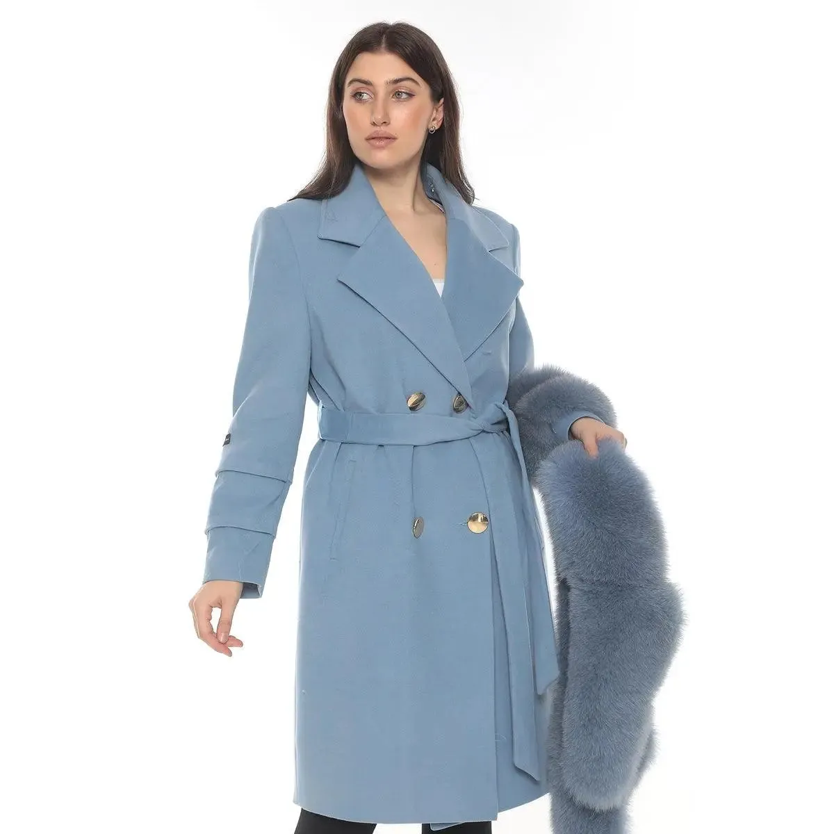 Baby Blue Cashmere Wool & Fox Fur Coat