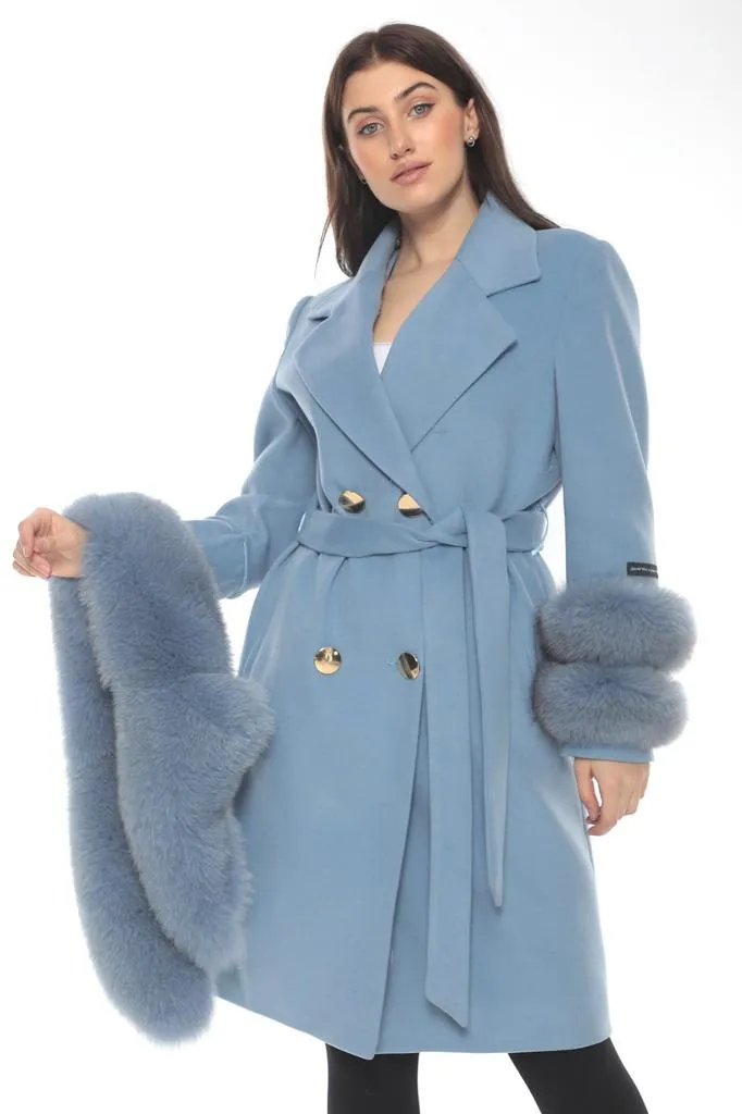 Baby Blue Cashmere Wool & Fox Fur Coat