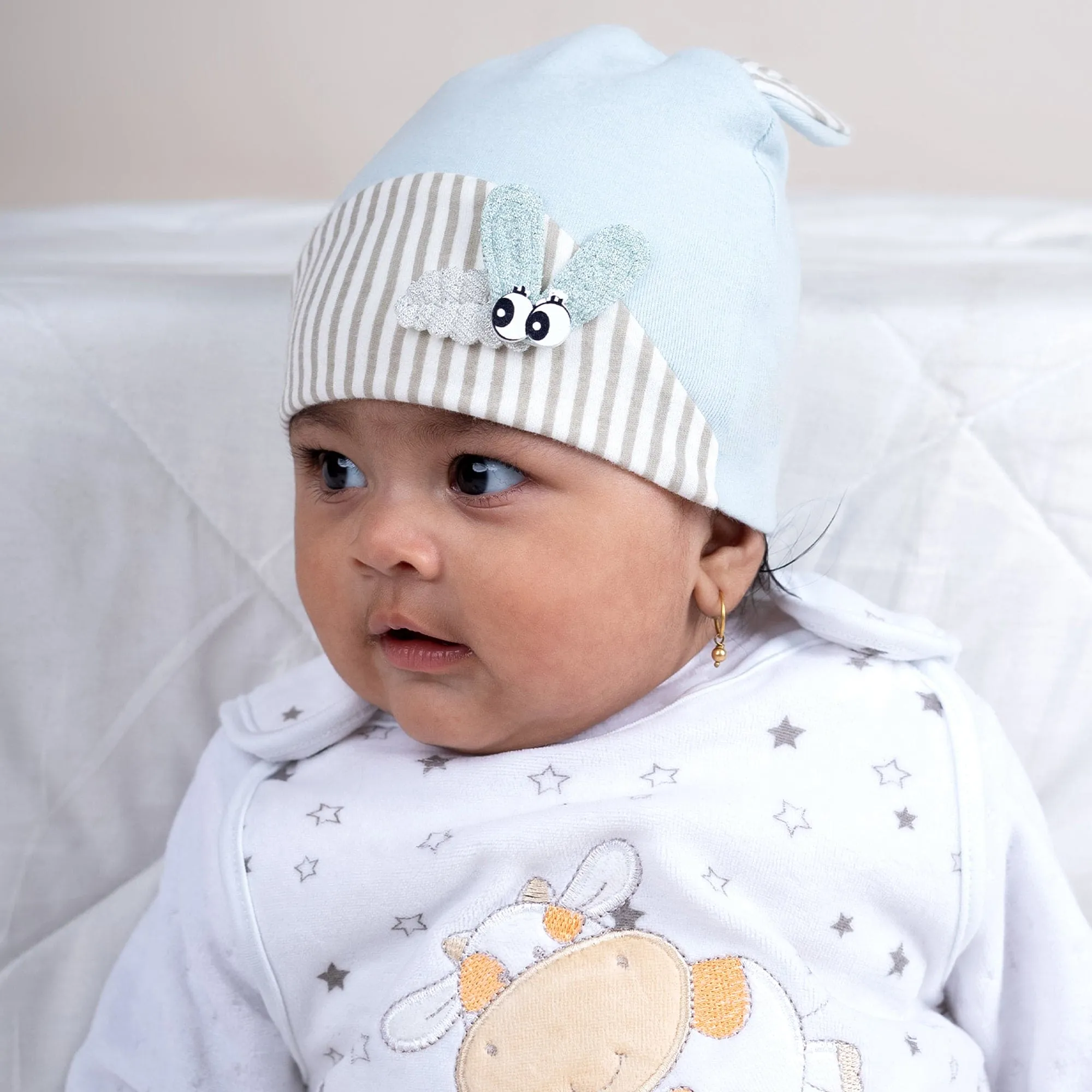 Baby Moo Busy Bee All Season Stretchable Hosiery Warm 3D Beanie Cap - Blue