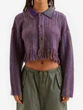 Beams Boy Kasuri Fringe Cardigan - Purple