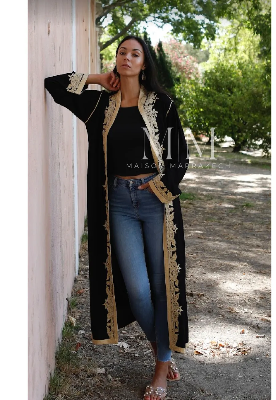 Black & Gold Leyla Kimono Long Jacket