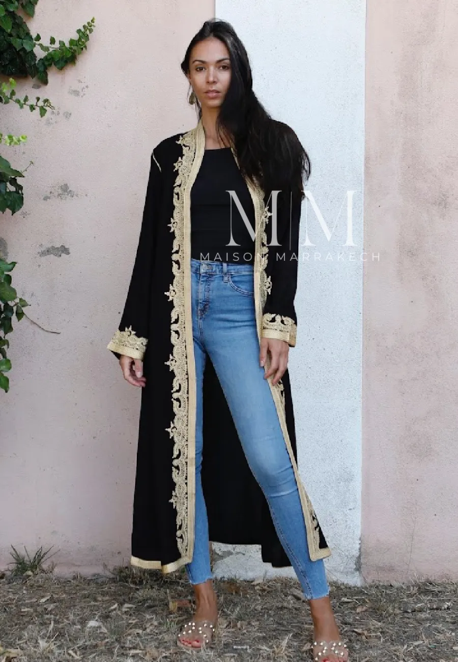 Black & Gold Leyla Kimono Long Jacket