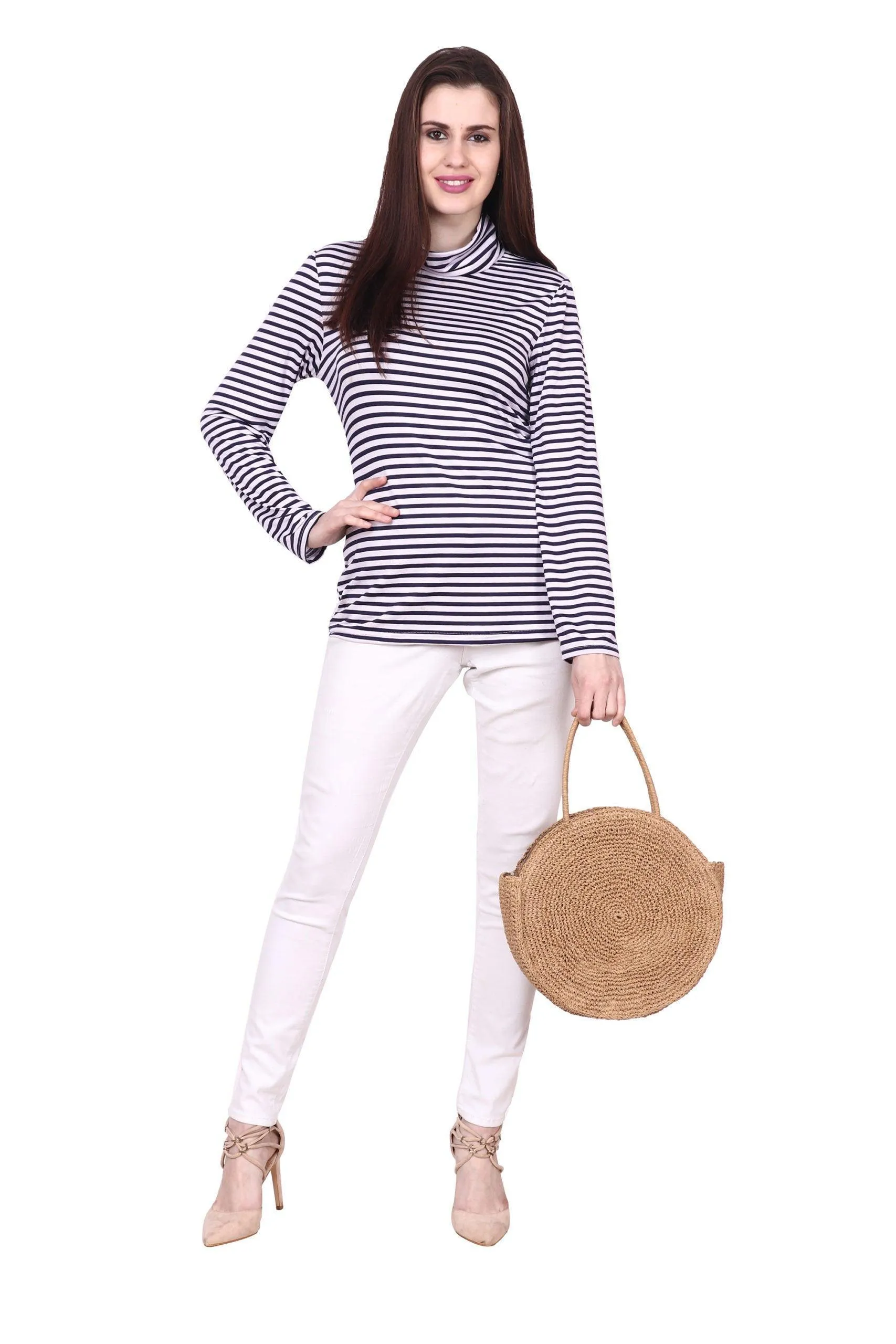 Black & White Striped High Neck Top