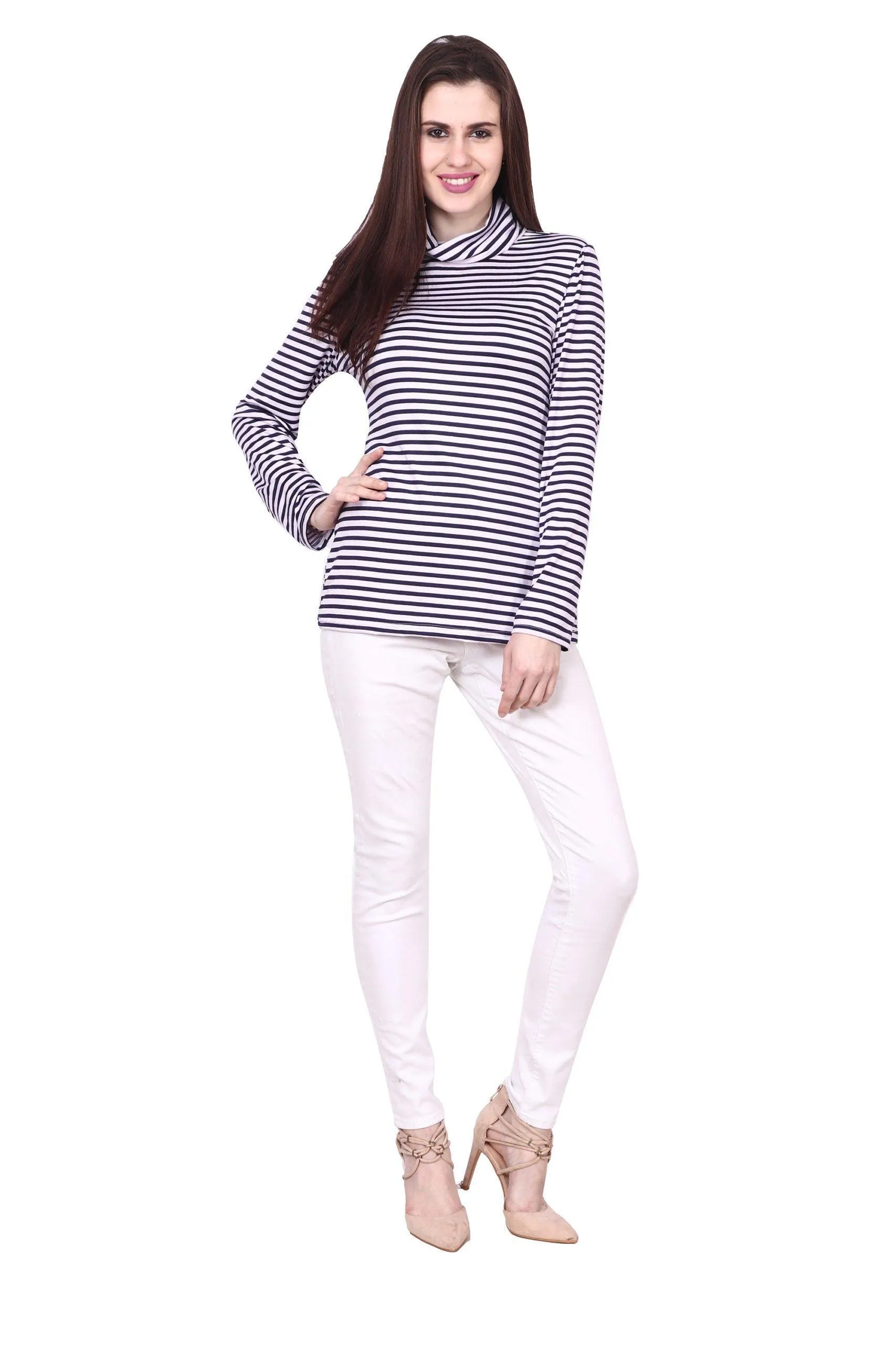 Black & White Striped High Neck Top