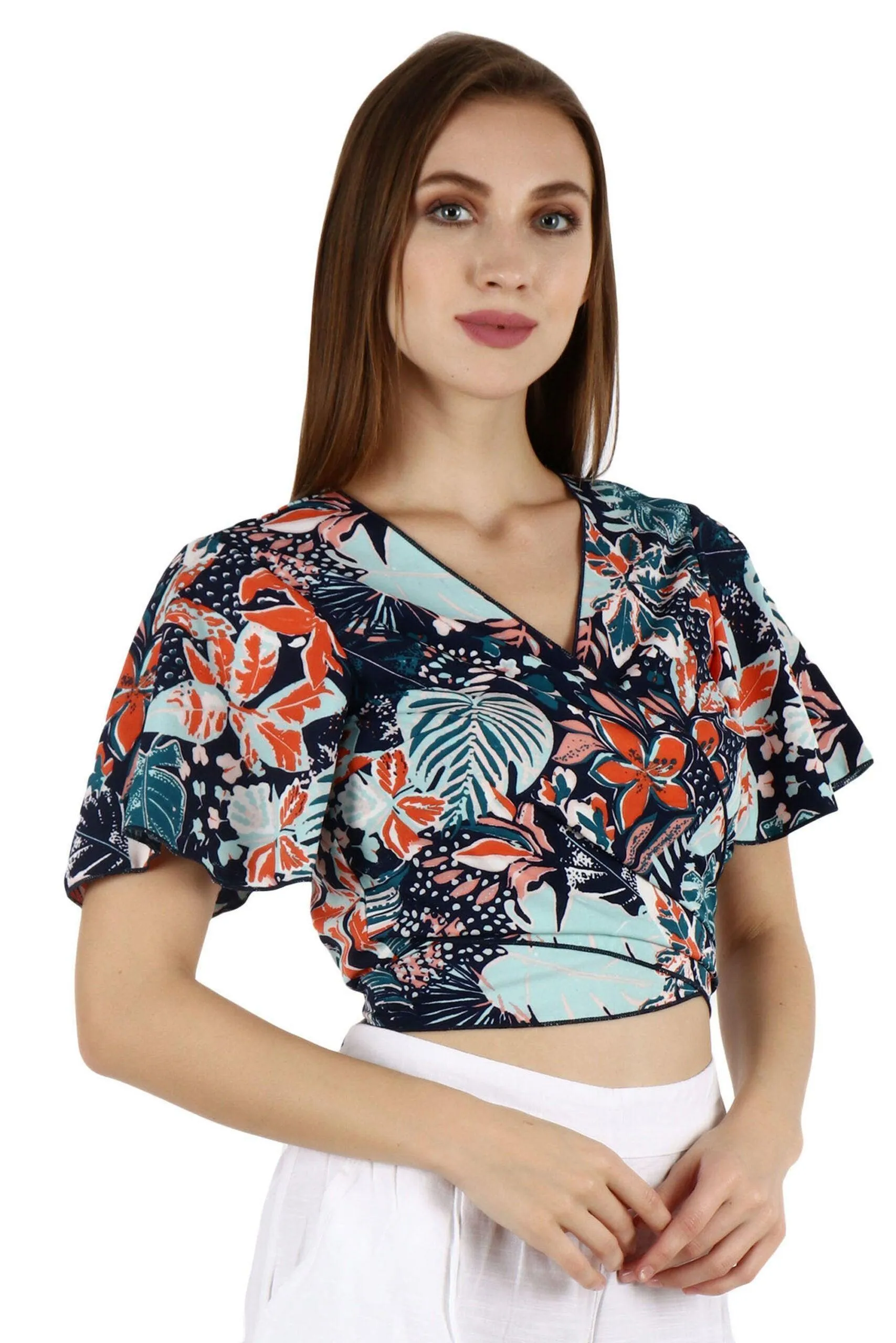 Blue Floral Printed Wrap Around Top