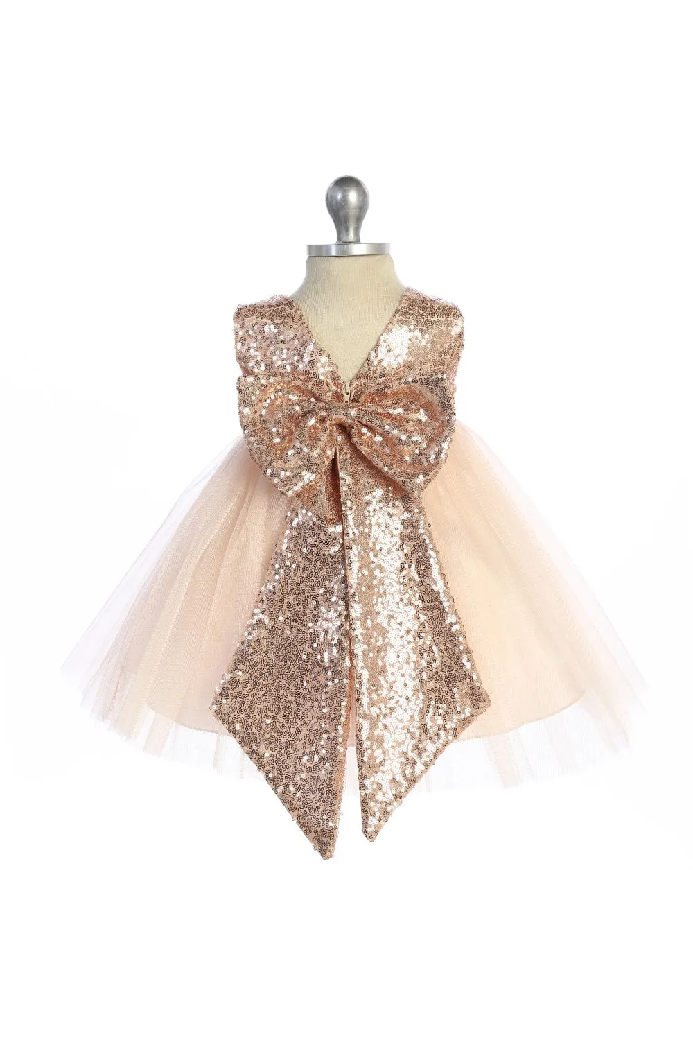 Blush/Rose Gold Sequins V Back & Bow Baby Dress