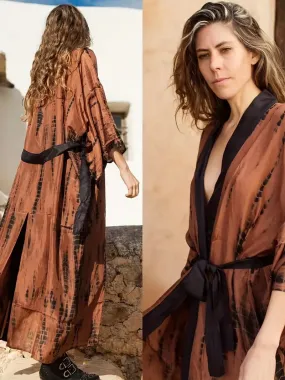 Boho Festival Chocolate Brown & Black Tie Dye Kimono