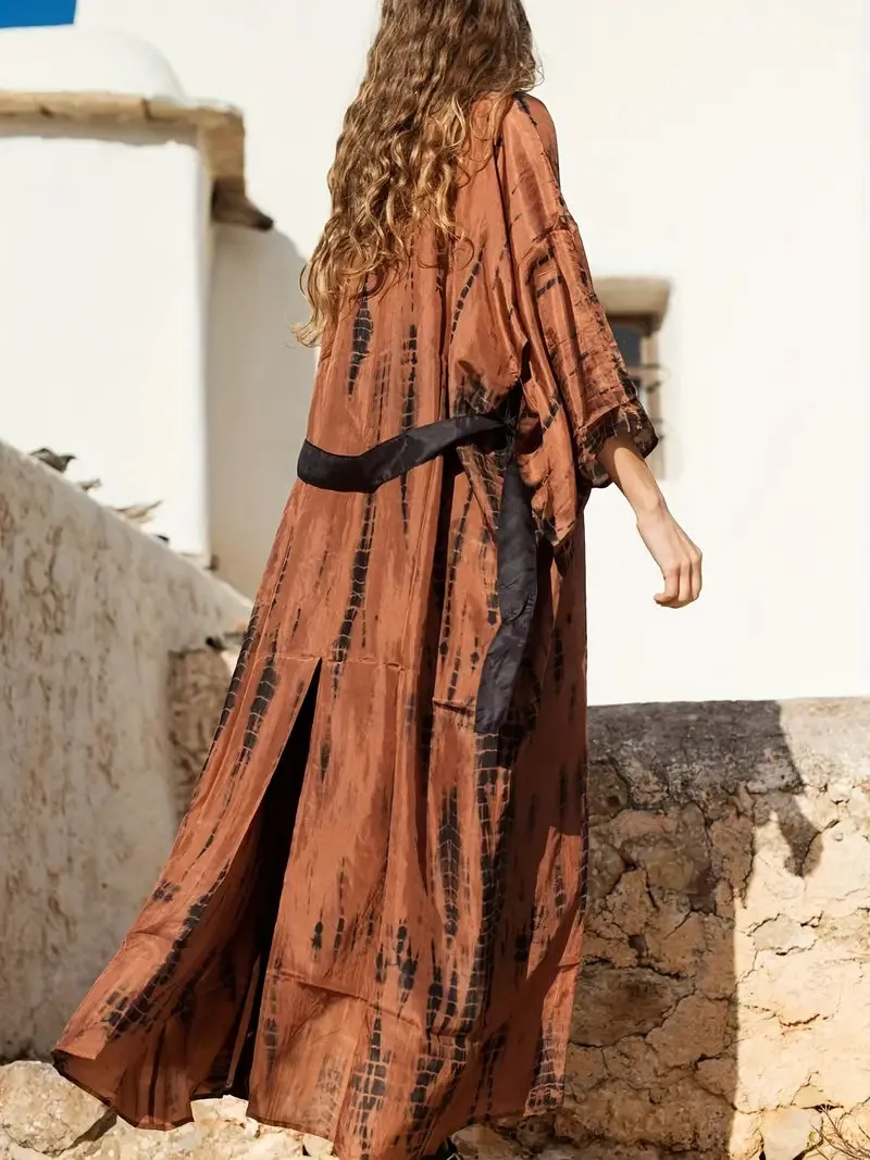 Boho Festival Chocolate Brown & Black Tie Dye Kimono