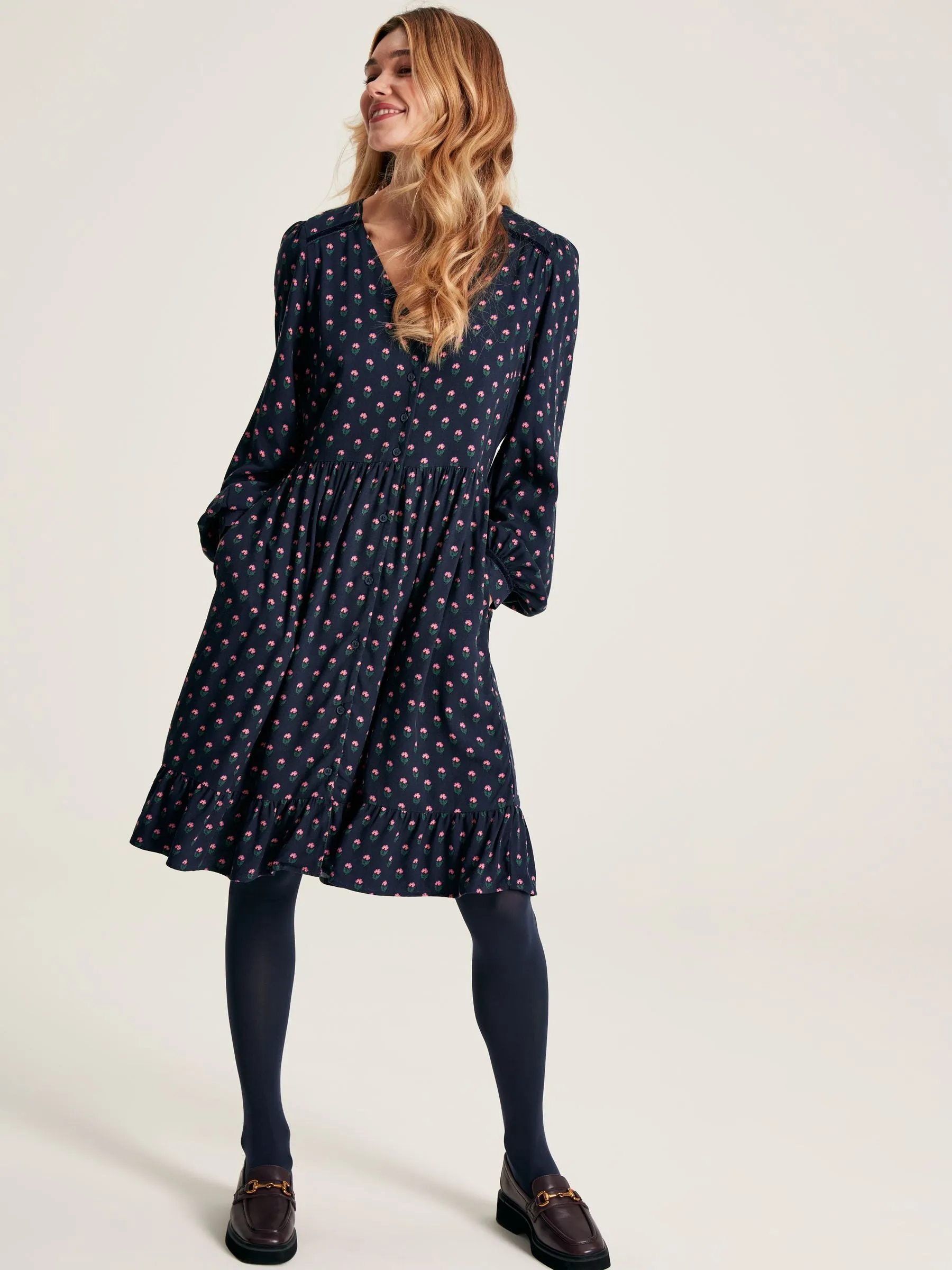 Bonnie Navy Blue Button Down Dress with Peplum Hem