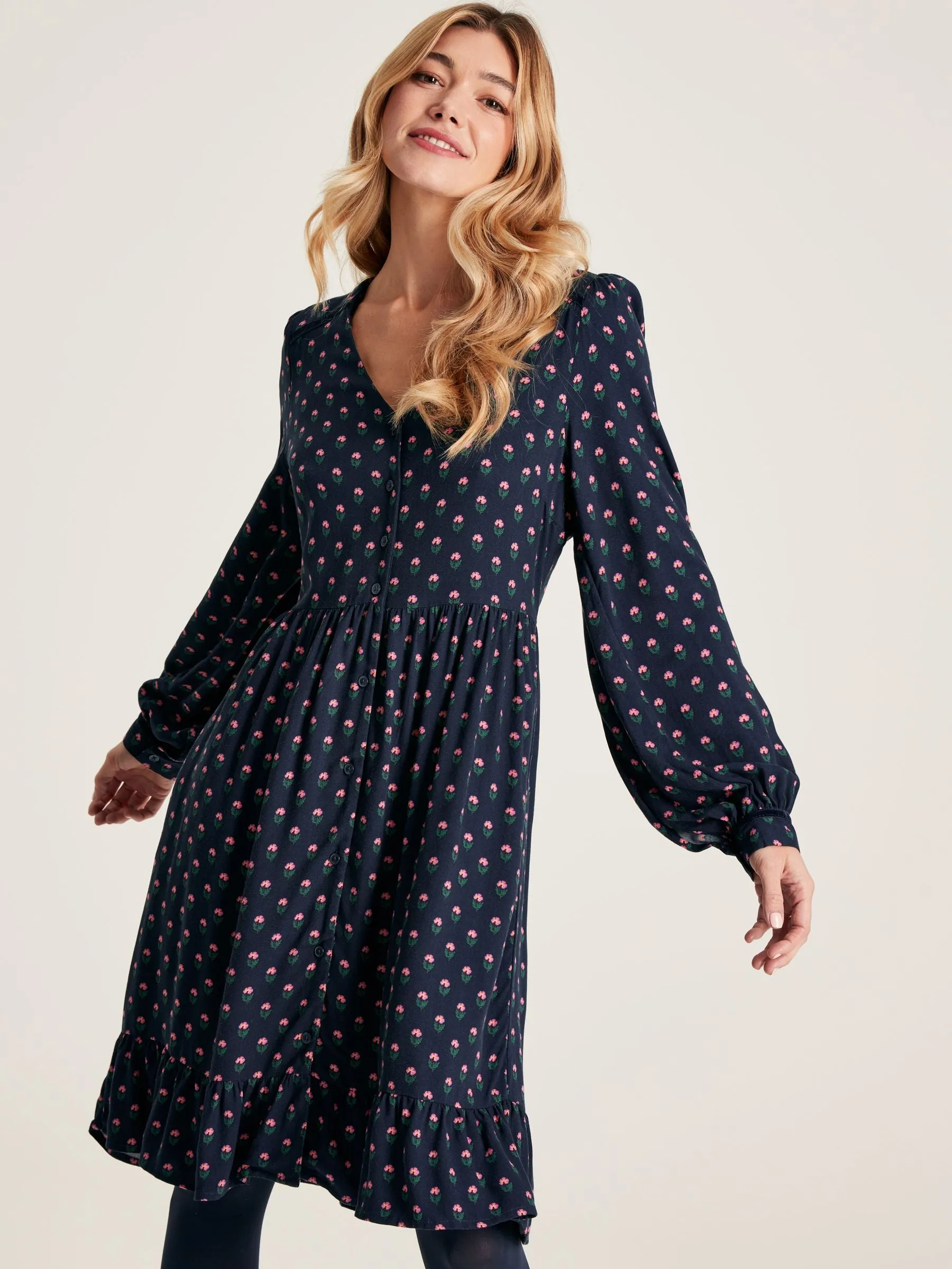 Bonnie Navy Blue Button Down Dress with Peplum Hem