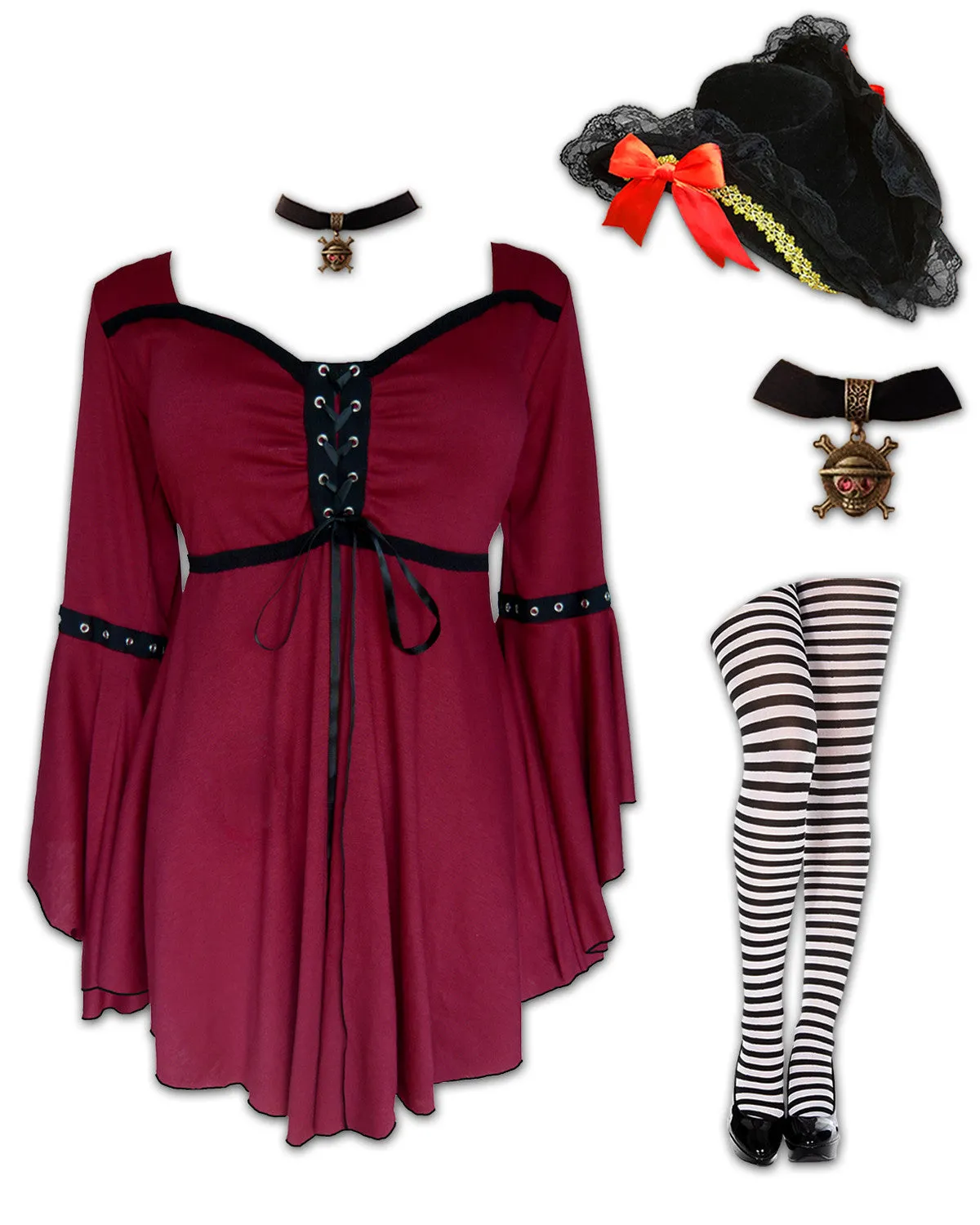 Buccaneer Pirate Costume with Ofelia Top, Burgundy