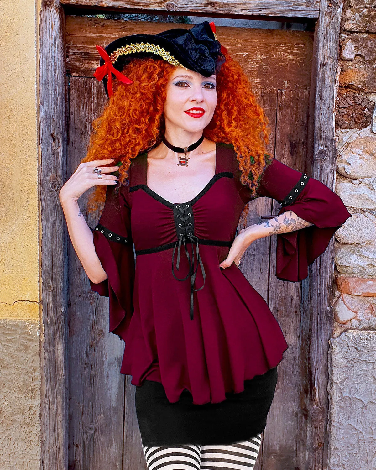 Buccaneer Pirate Costume with Ofelia Top, Burgundy