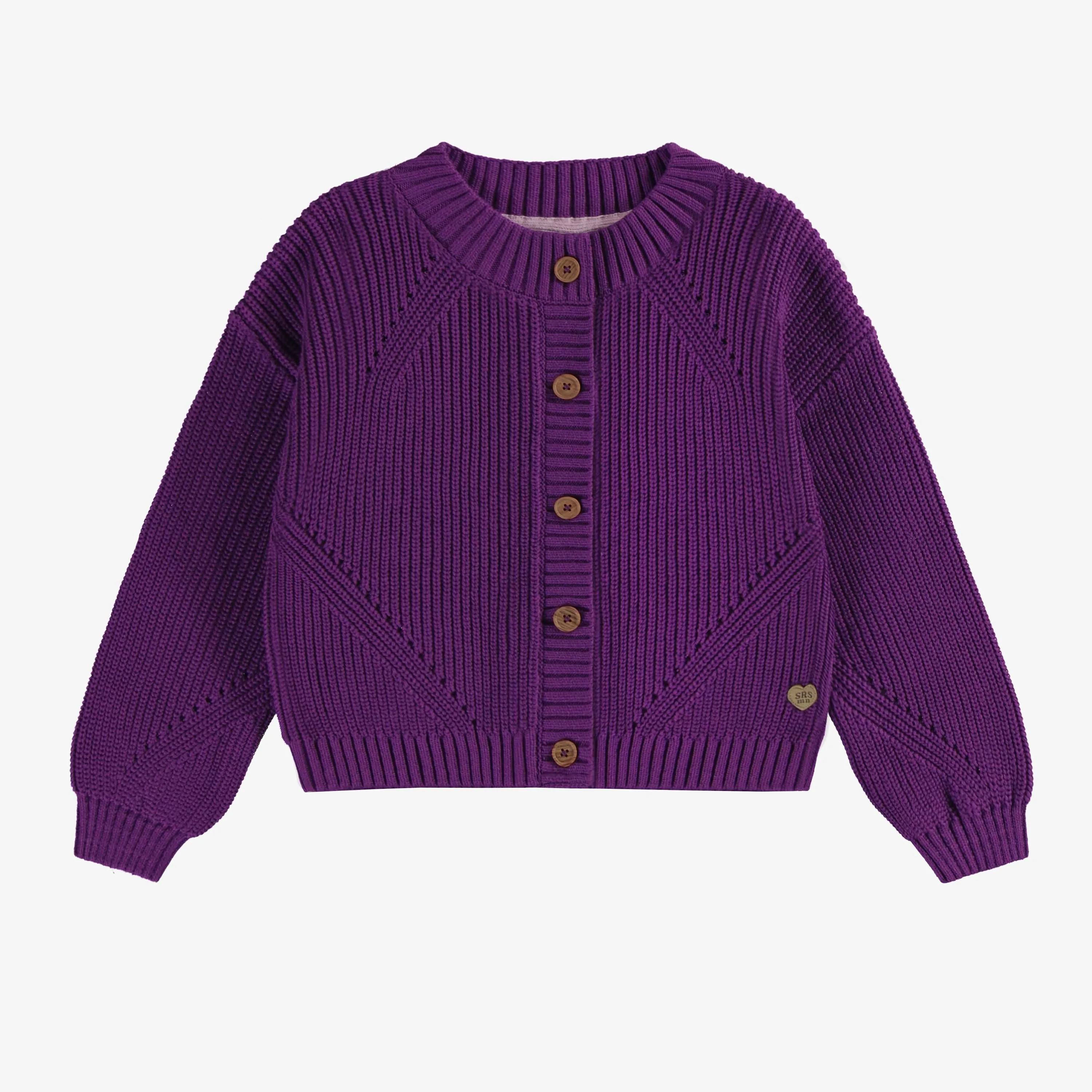 Cardigan de maille mauve de coupe décontractée à manches amples, enfant || Relaxed fit purple knitted cardigan with loose sleeves, child