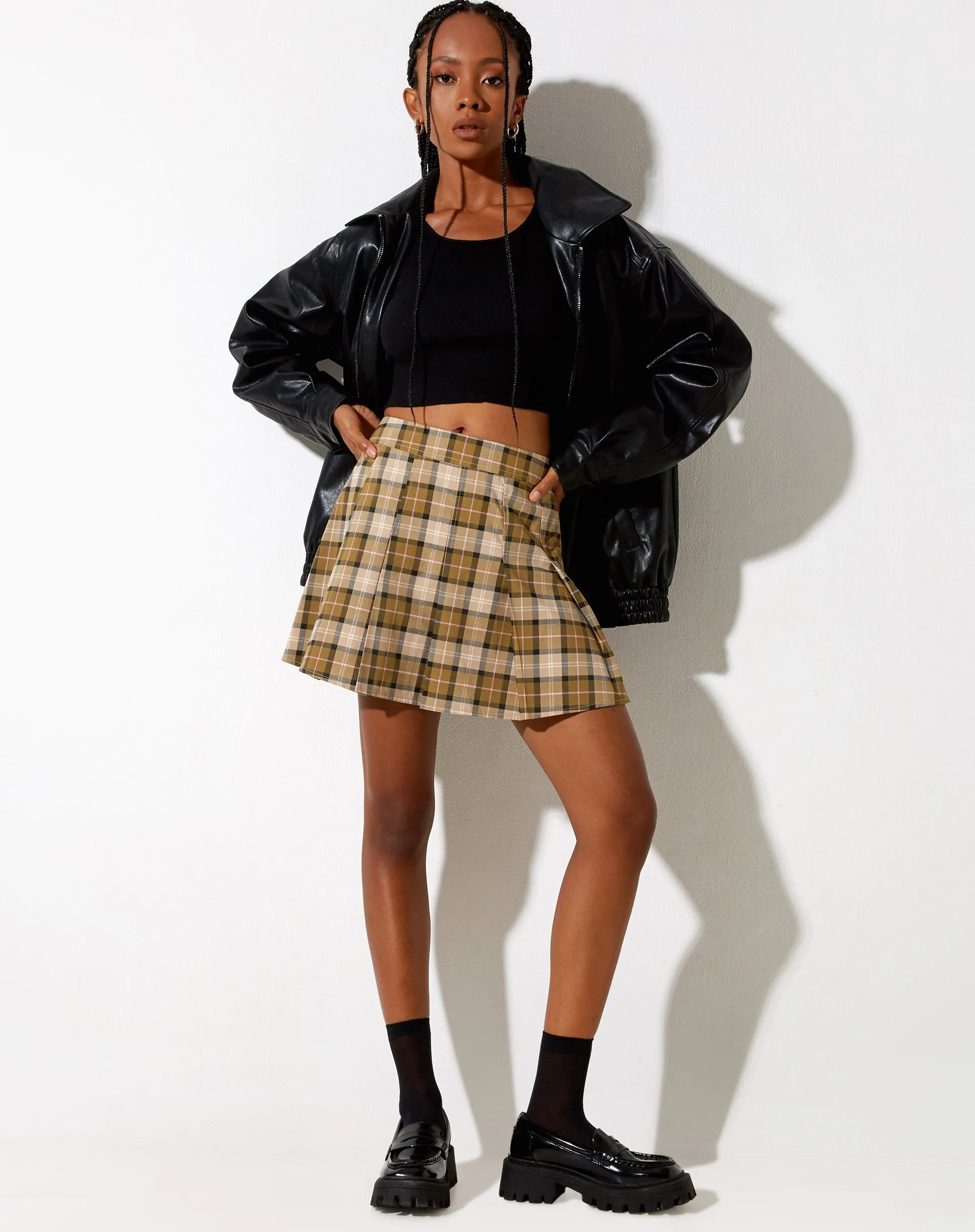 Carga Mini Skirt in Check Brown Tan and Pink