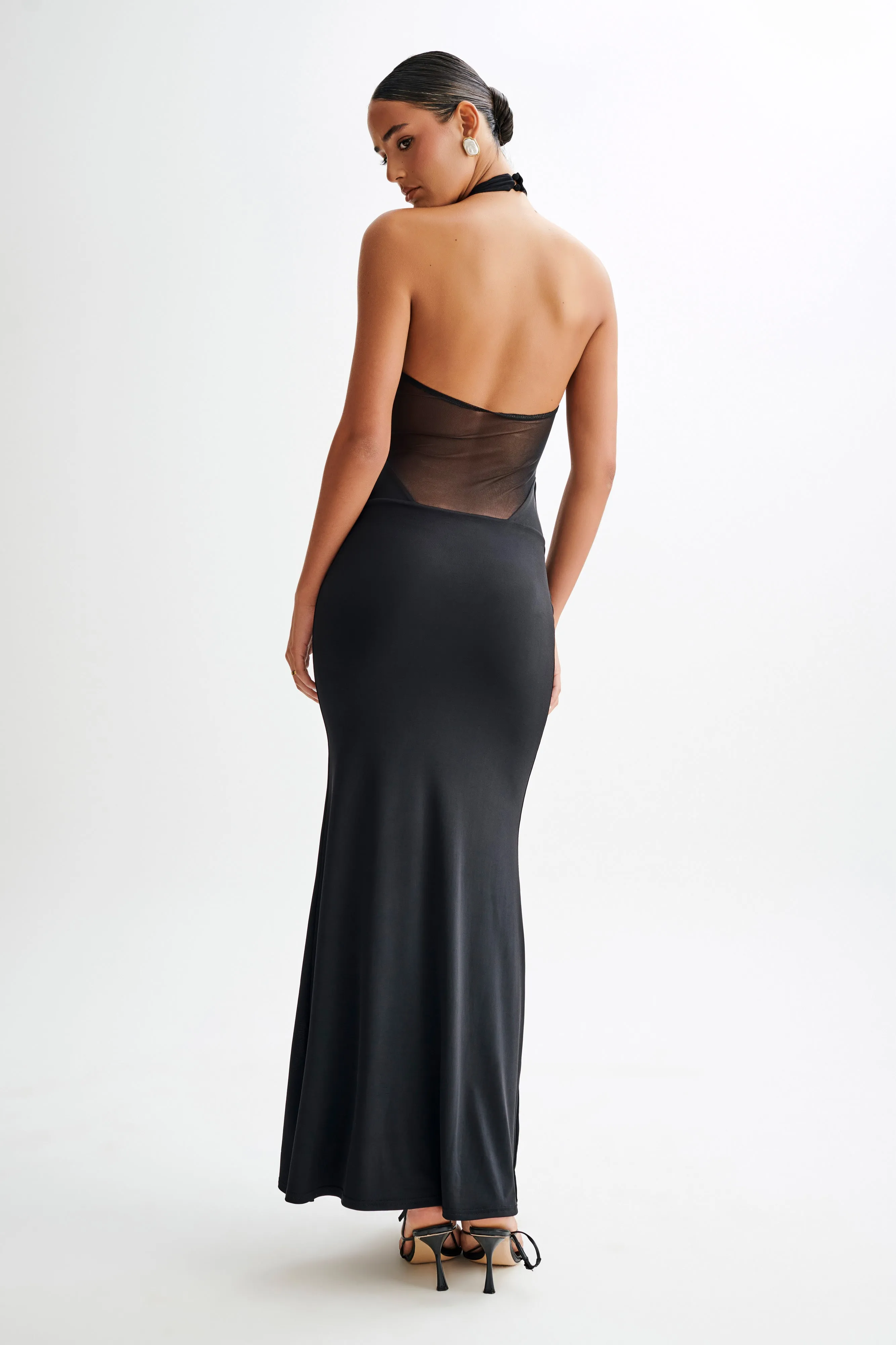 Caterina Slinky Mesh Halter Maxi Dress - Black