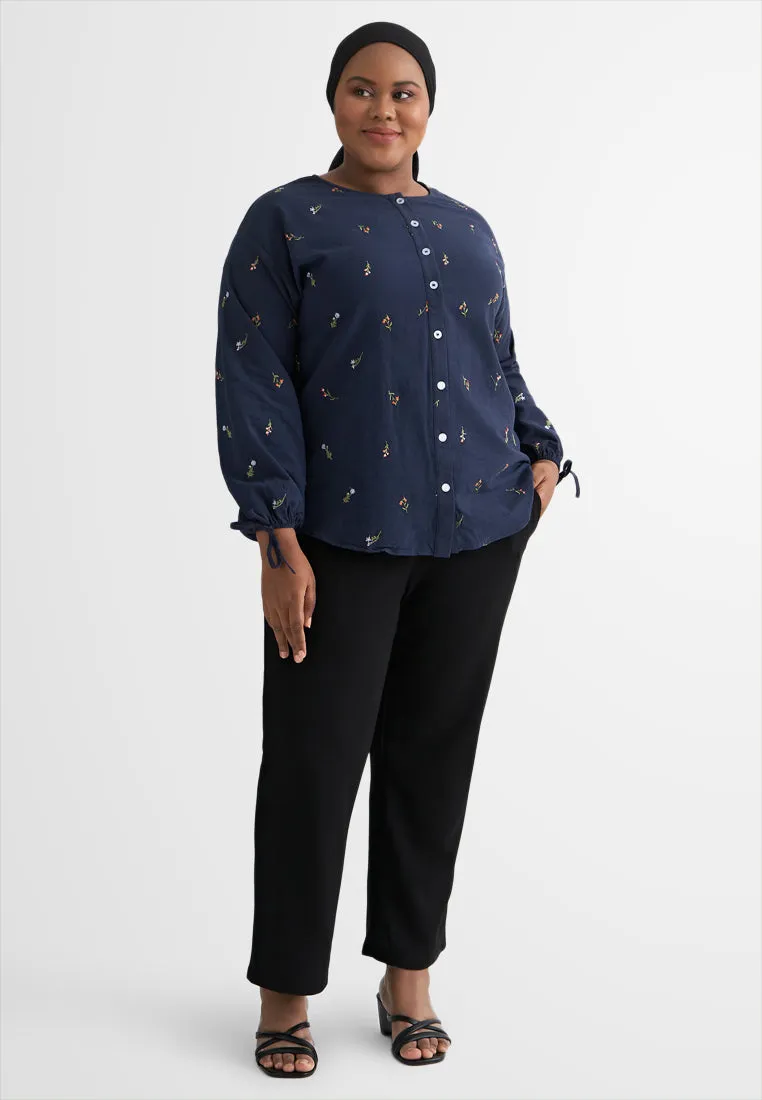 Cempaka Bloom Cotton Button Top - Midnight Blue