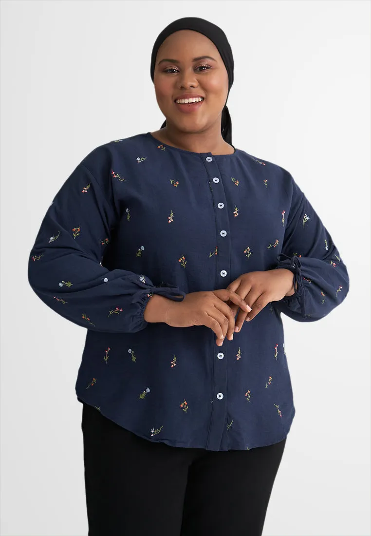 Cempaka Bloom Cotton Button Top - Midnight Blue