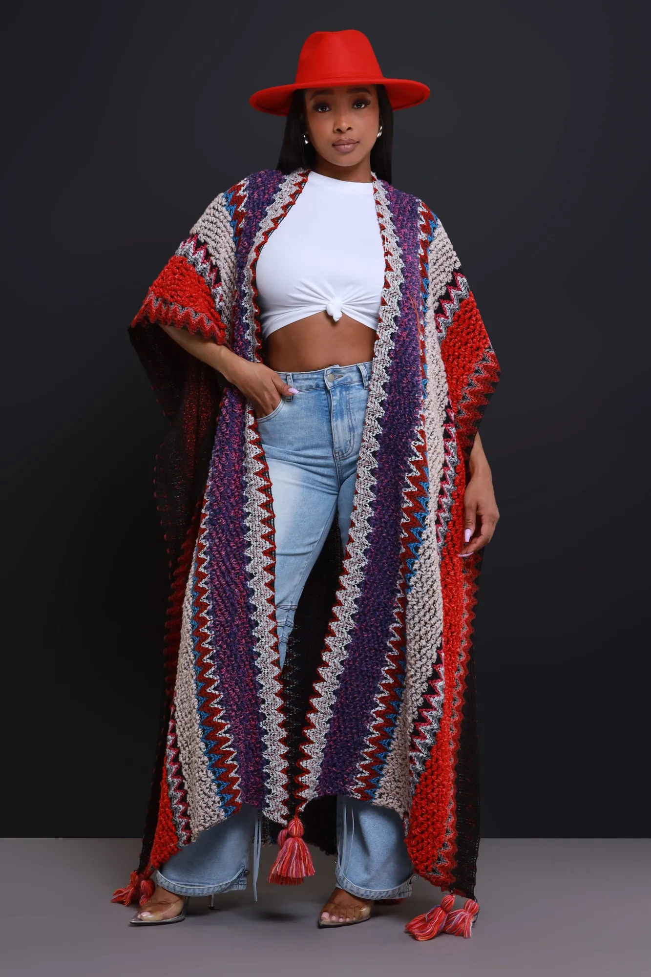 Create Change Longline Knit Cardigan - Red/Purple Multicolor