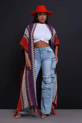 Create Change Longline Knit Cardigan - Red/Purple Multicolor