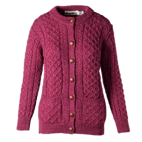 Curragh Leather Button Aran Knit Cardigan- Wine