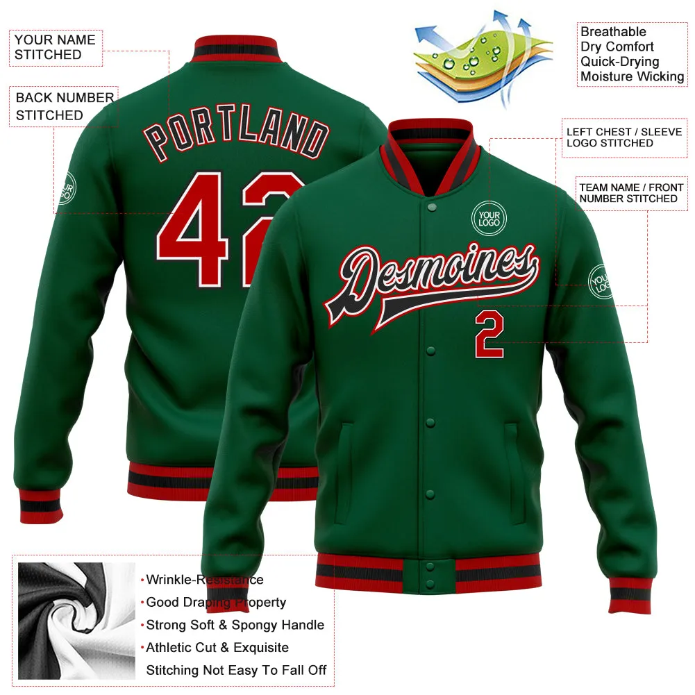 Custom Kelly Green Red-Black Bomber Full-Snap Varsity Letterman Jacket