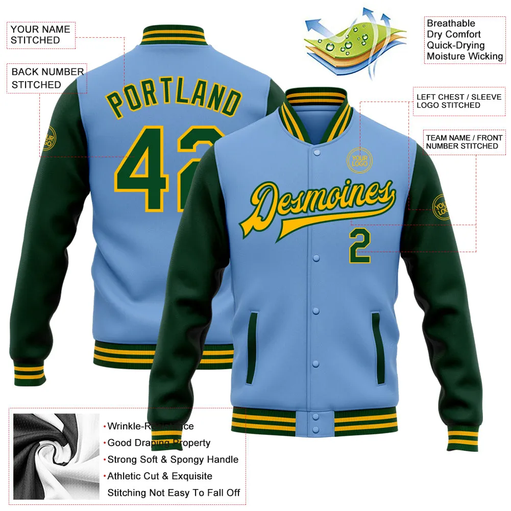 Custom Light Blue Green-Gold Bomber Full-Snap Varsity Letterman Two Tone Jacket